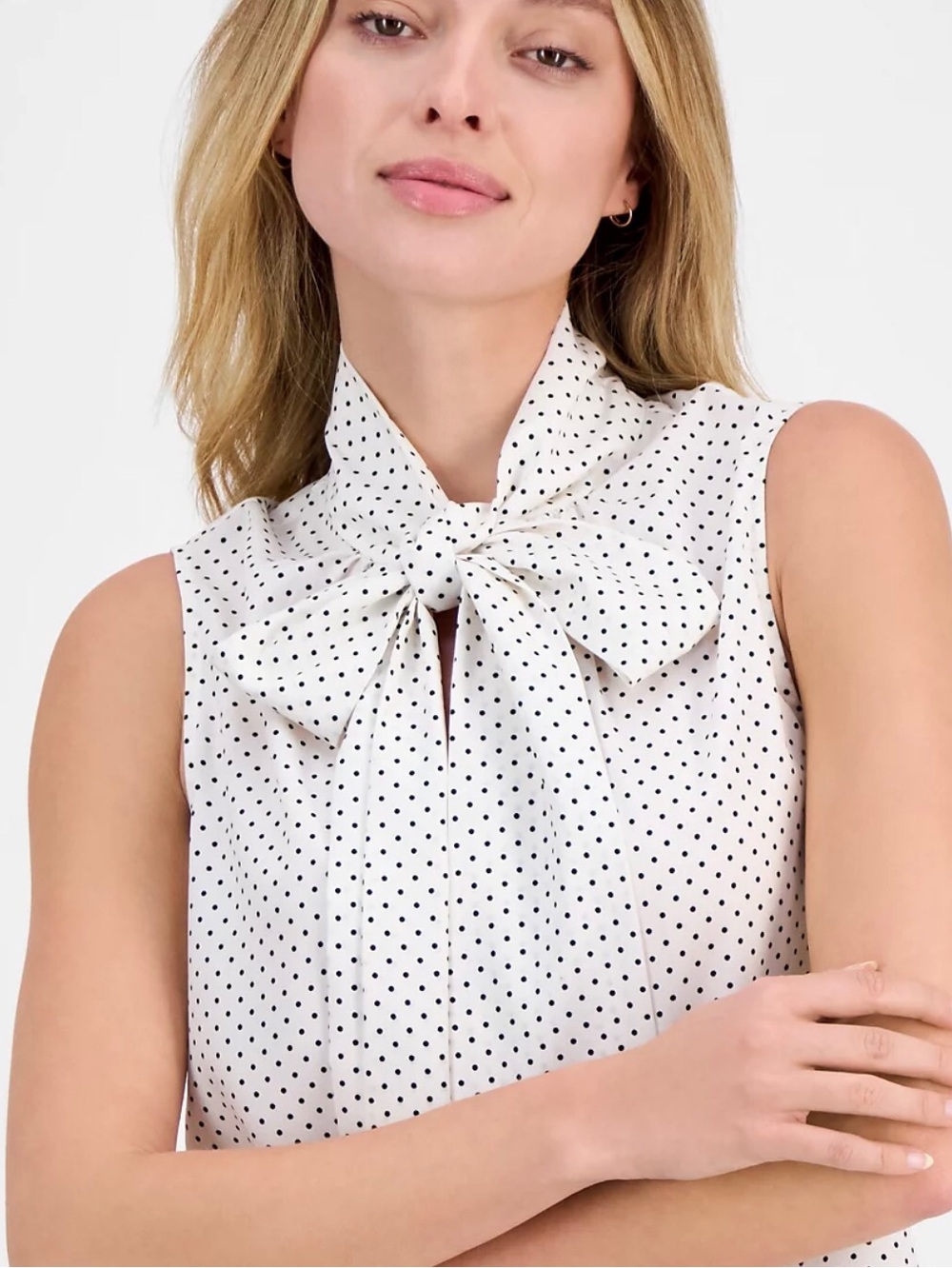Worthington PL Sleeveless Polka Dot Bow Neck Blouse White Black Dot EUC Petite
